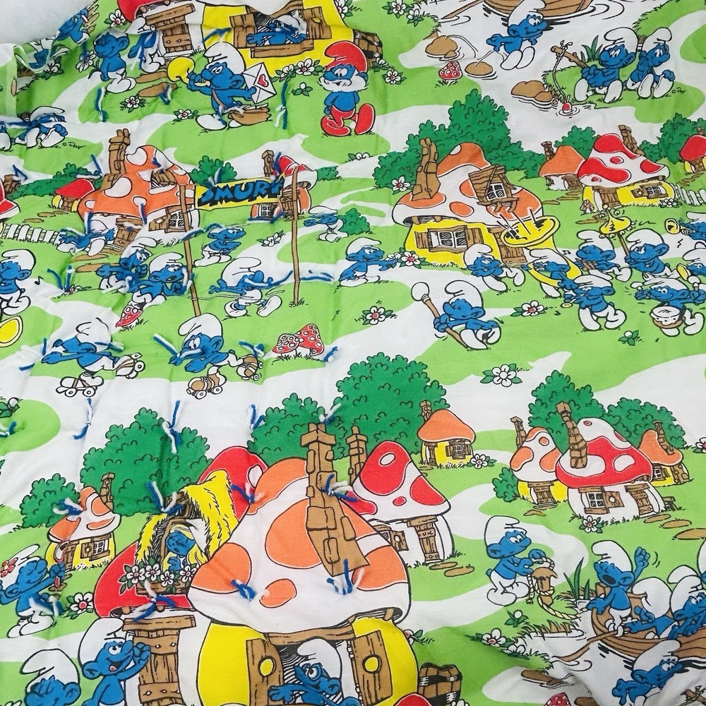 Vintage Smurfs Baby Blanket Quilt Project Unfinished Edges 48x42 Handmade 80s